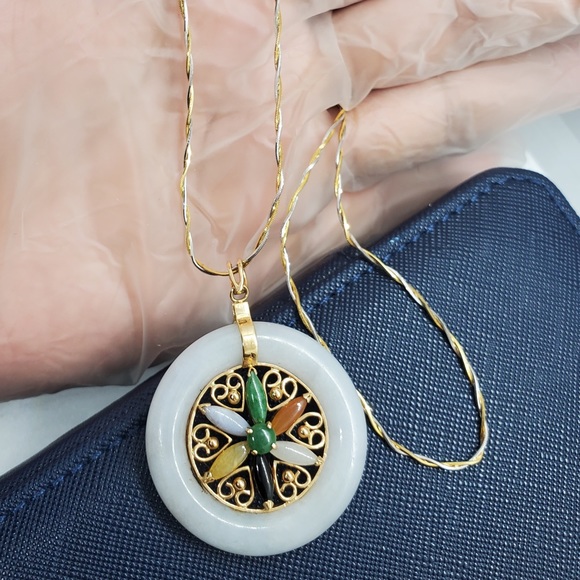 14k solid gold multi-colored Dyed Jadeite Necklace - Picture 5 of 14